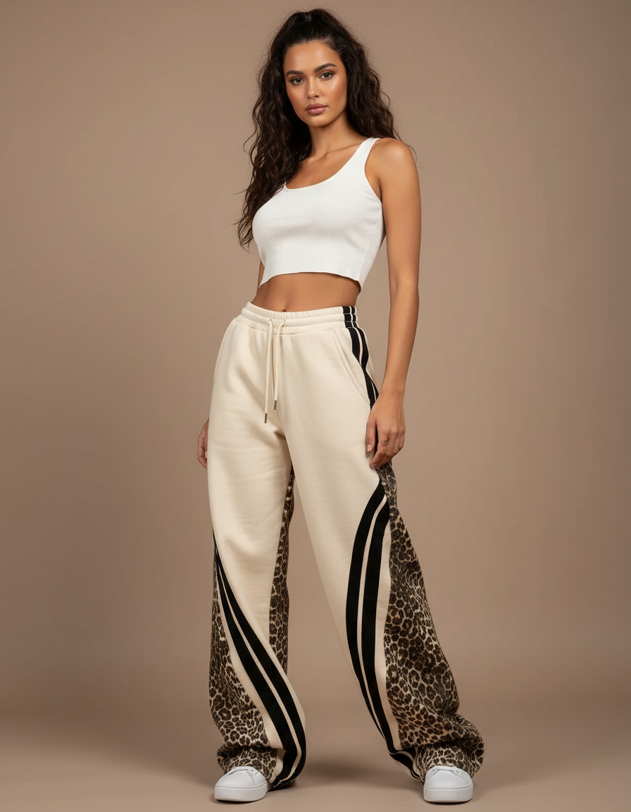 Pantalon Léopard Évasé Crème Rayures Noires Décontracté - Beige Molleton