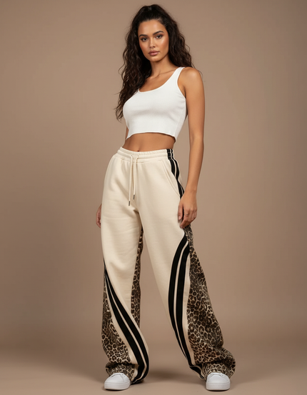 Pantalon Léopard Évasé Crème Rayures Noires Décontracté - Beige Molleton
