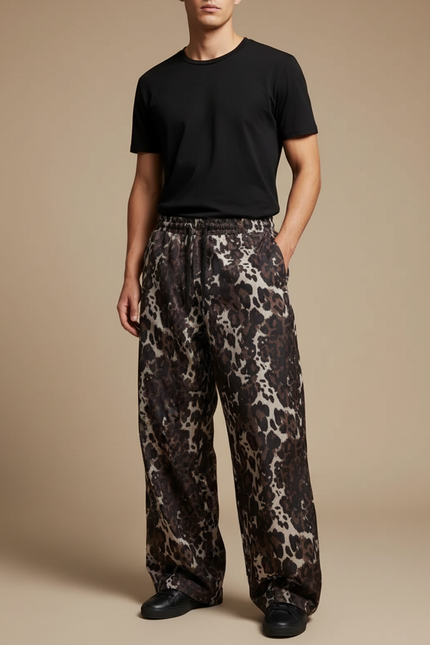 Pantalon Léopard Marron Imprimé Ample Décontracté Homme - Viscose
