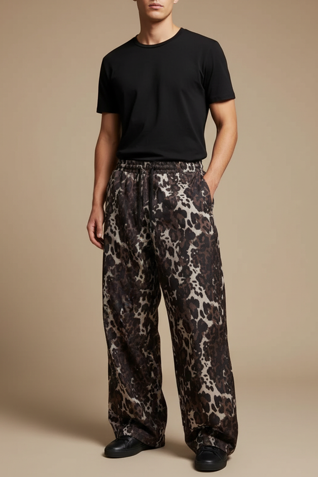 Pantalon Léopard Marron Imprimé Ample Décontracté Homme - Viscose