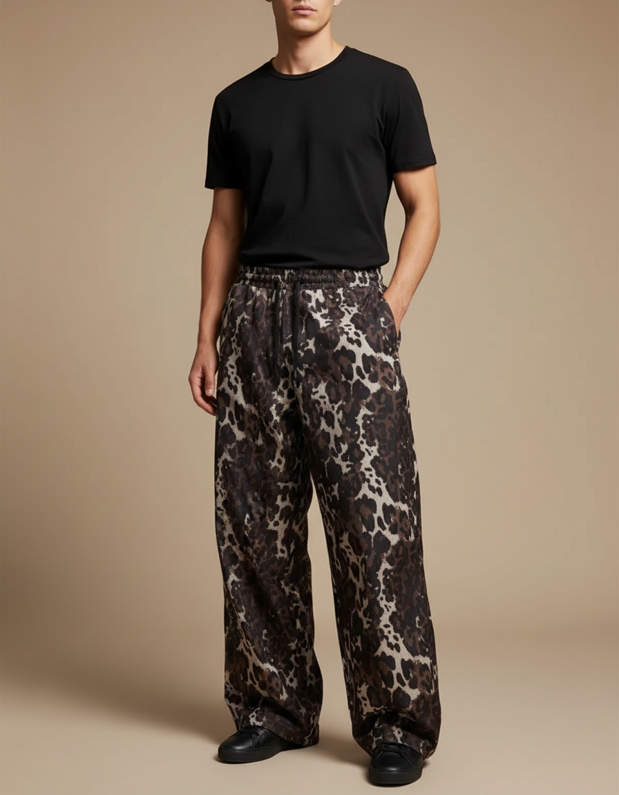 Pantalon Léopard Marron Imprimé Ample Décontracté Homme - Viscose