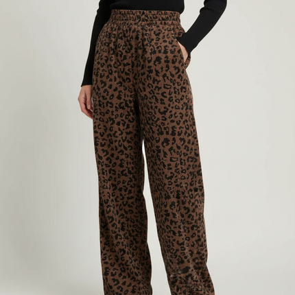 Pantalon Léopard Marron Côtelé Fluide Ample - Cordé