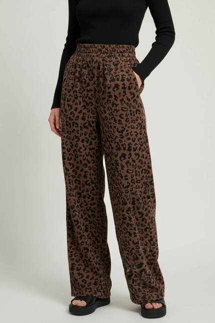 Pantalon Léopard Marron Côtelé Fluide Ample - Cordé
