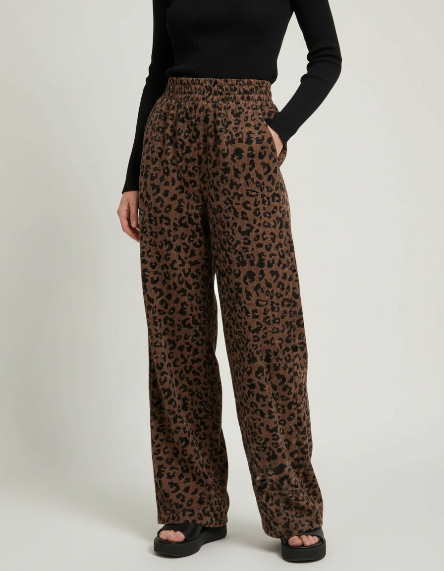 Pantalon Léopard Marron Côtelé Fluide Ample - Cordé