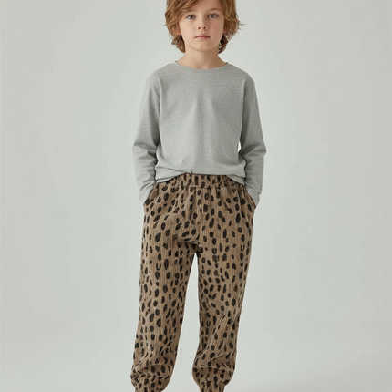 Pantalon Léopard Enfant Coton Ample Décontracté Marron - Cordé