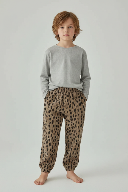 Pantalon Léopard Enfant Coton Ample Décontracté Marron - Cordé