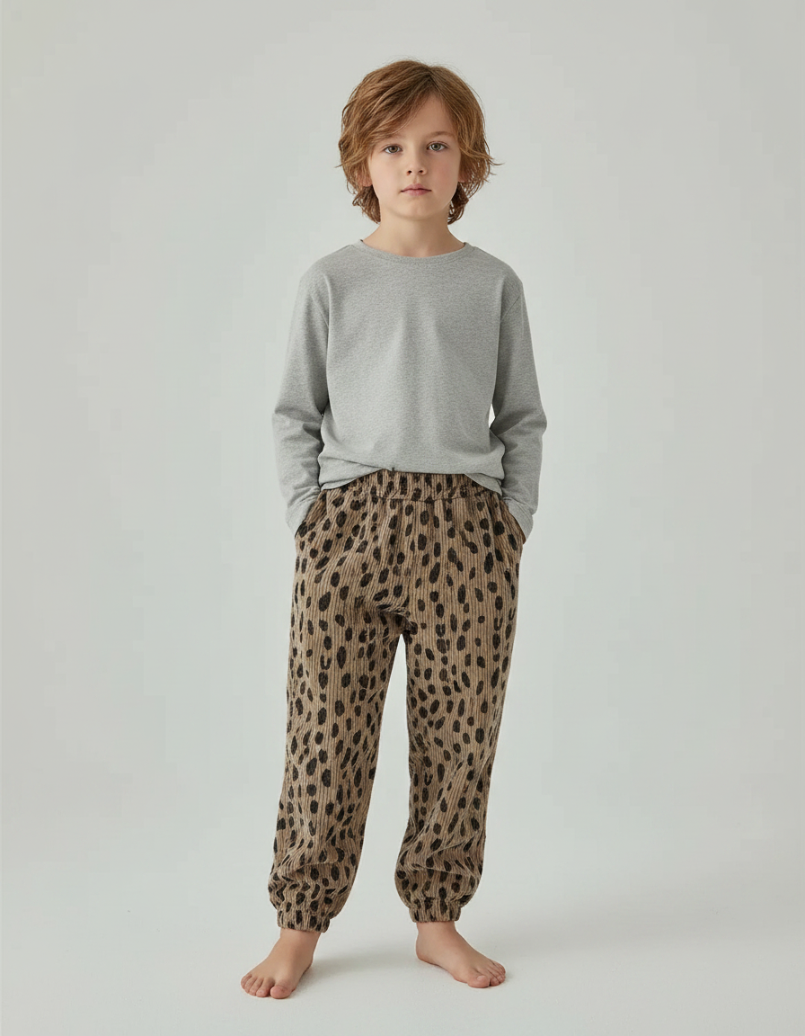 Pantalon Léopard Enfant Coton Ample Décontracté Marron - Cordé