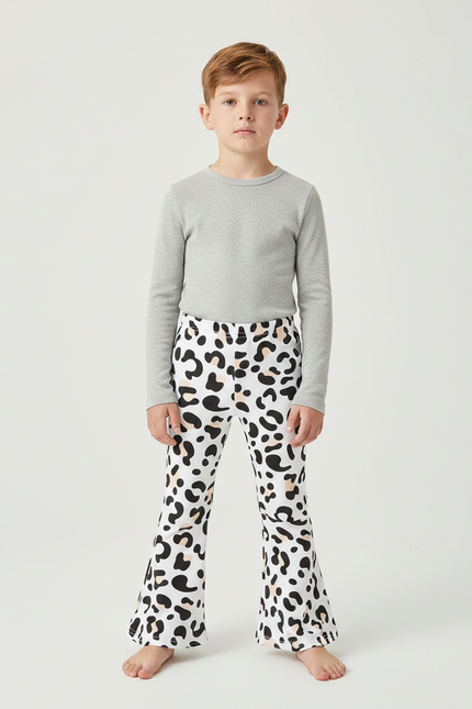 Pantalon Léopard Blanc Évasé Imprimé Enfant Confortable - Maille