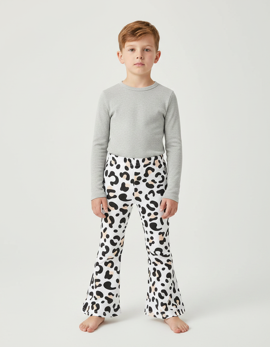 Pantalon Léopard Blanc Évasé Imprimé Enfant Confortable - Maille
