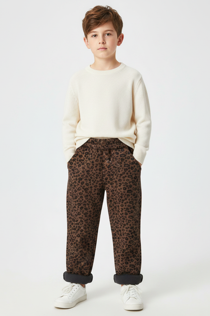 Pantalon Léopard Marron Ample Imprimé Hiver Enfant - Molleton