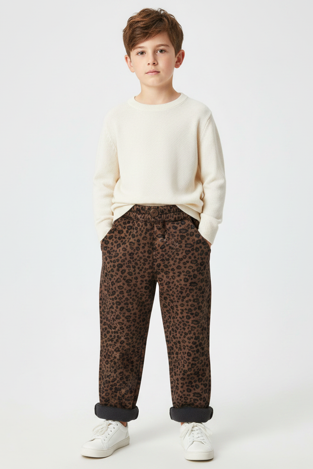 Pantalon Léopard Marron Ample Imprimé Hiver Enfant - Molleton