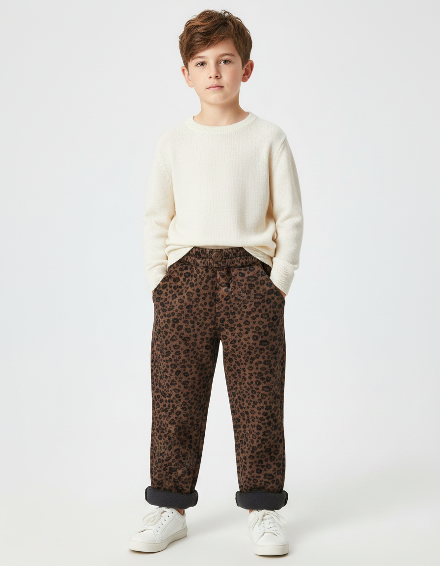 Pantalon Léopard Marron Ample Imprimé Hiver Enfant - Molleton