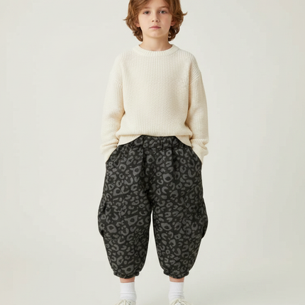 Pantalon Léopard Enfant Ample Molletonné Gris Imprimé