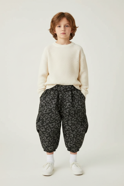 Pantalon Léopard Enfant Ample Molletonné Gris Imprimé