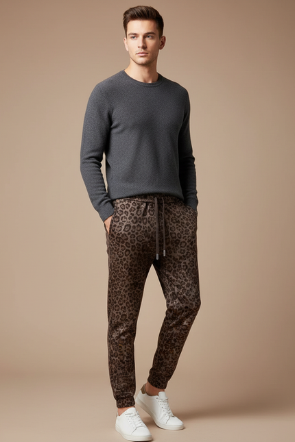 Pantalon Léopard Homme Marron Imprimé Slim Velours