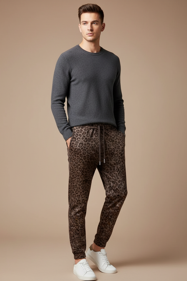 Pantalon Léopard Homme Marron Imprimé Slim Velours