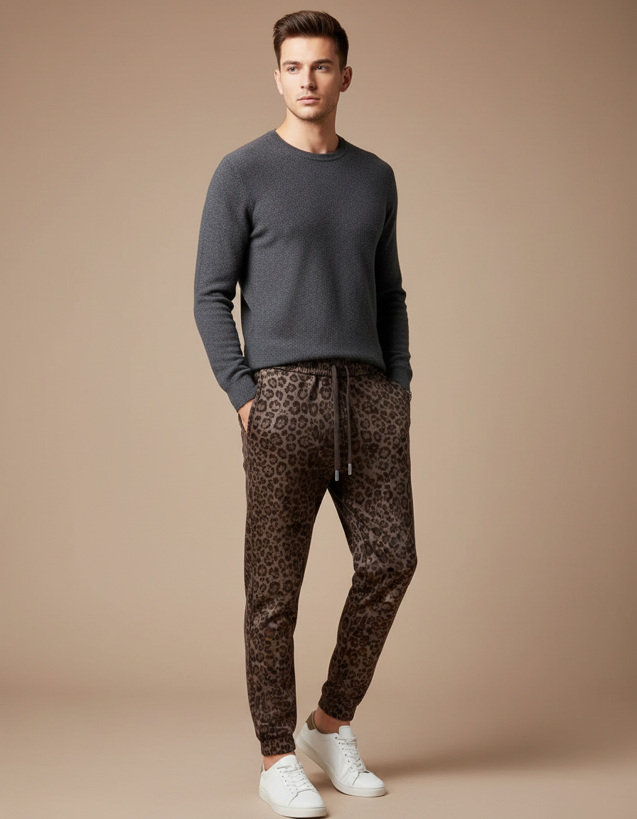 Pantalon Léopard Homme Marron Imprimé Slim Velours