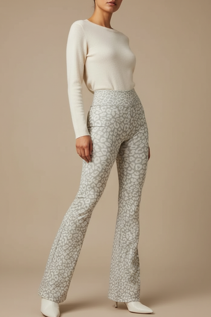 Pantalon Léopard Gris Moulant Imprimé Évasé Femme - Maille