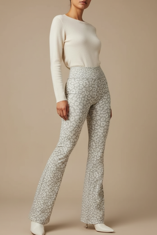 Pantalon Léopard Gris Moulant Imprimé Évasé Femme - Maille