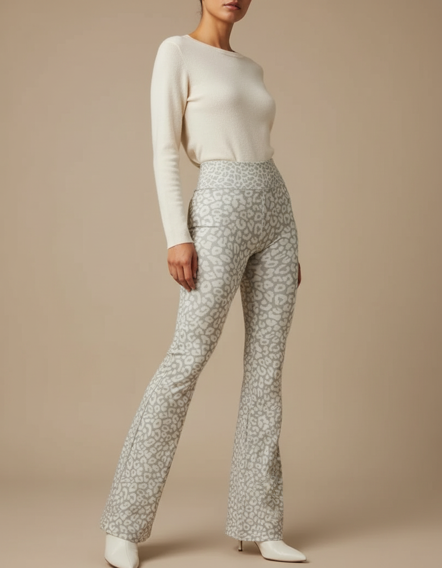 Pantalon Léopard Gris Moulant Imprimé Évasé Femme - Maille