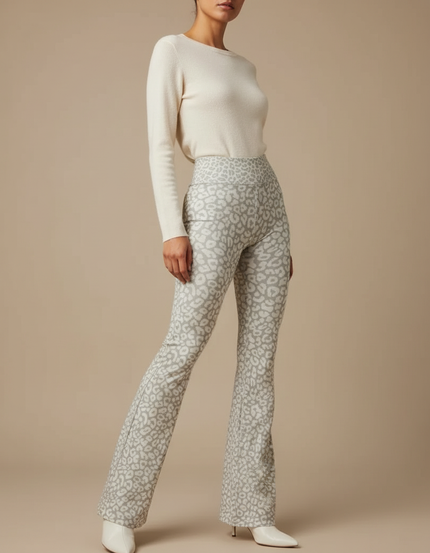 Pantalon Léopard Gris Moulant Imprimé Évasé Femme - Maille