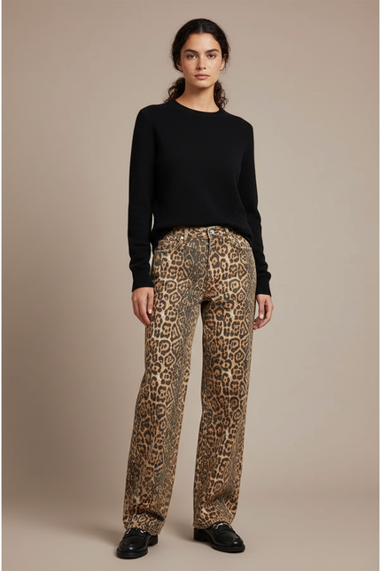 Pantalon Léopard Marron Jean Ample Taille Haute