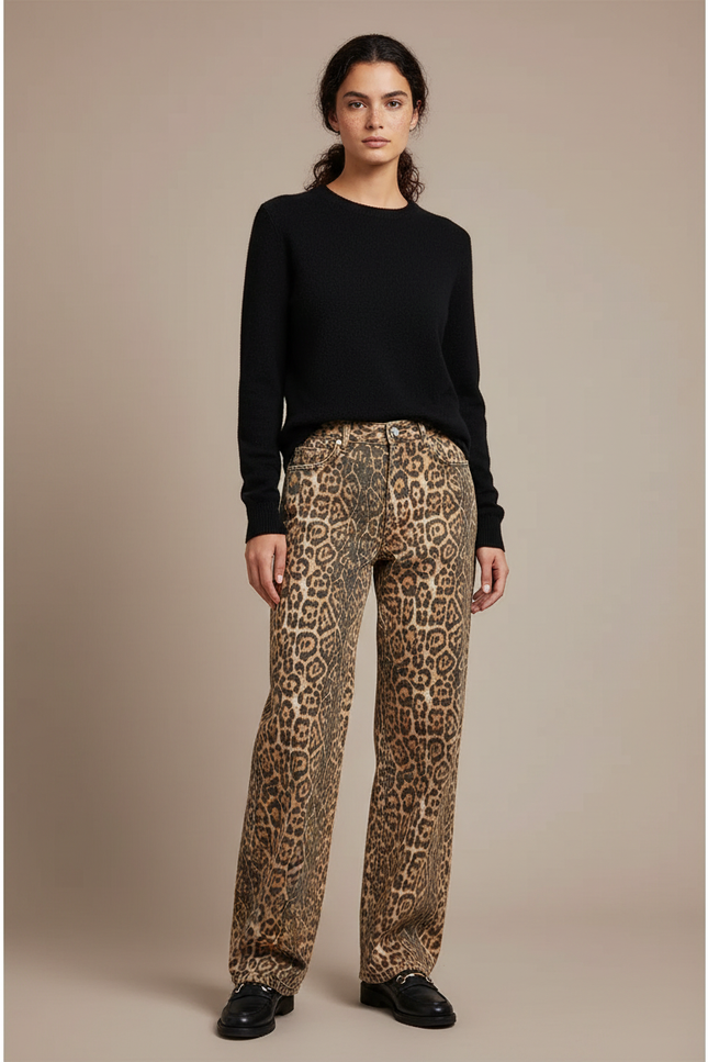 Pantalon Léopard Marron Jean Ample Taille Haute