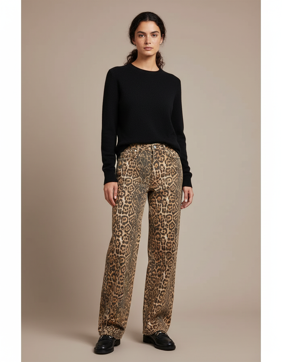 Pantalon Léopard Marron Jean Ample Taille Haute