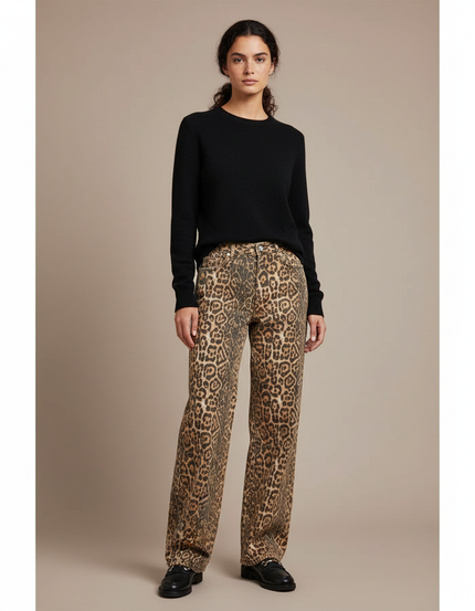 Pantalon Léopard Marron Jean Ample Taille Haute