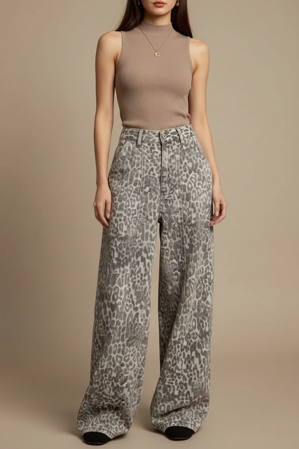 Pantalon Léopard Ample Imprimé Lavé Taille Haute - Jean