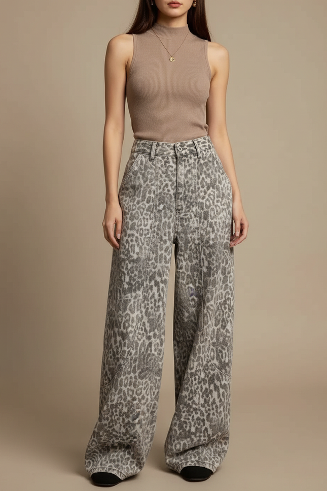 Pantalon Léopard Ample Imprimé Lavé Taille Haute - Jean