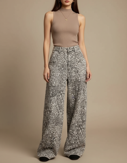 Pantalon Léopard Ample Imprimé Lavé Taille Haute - Jean