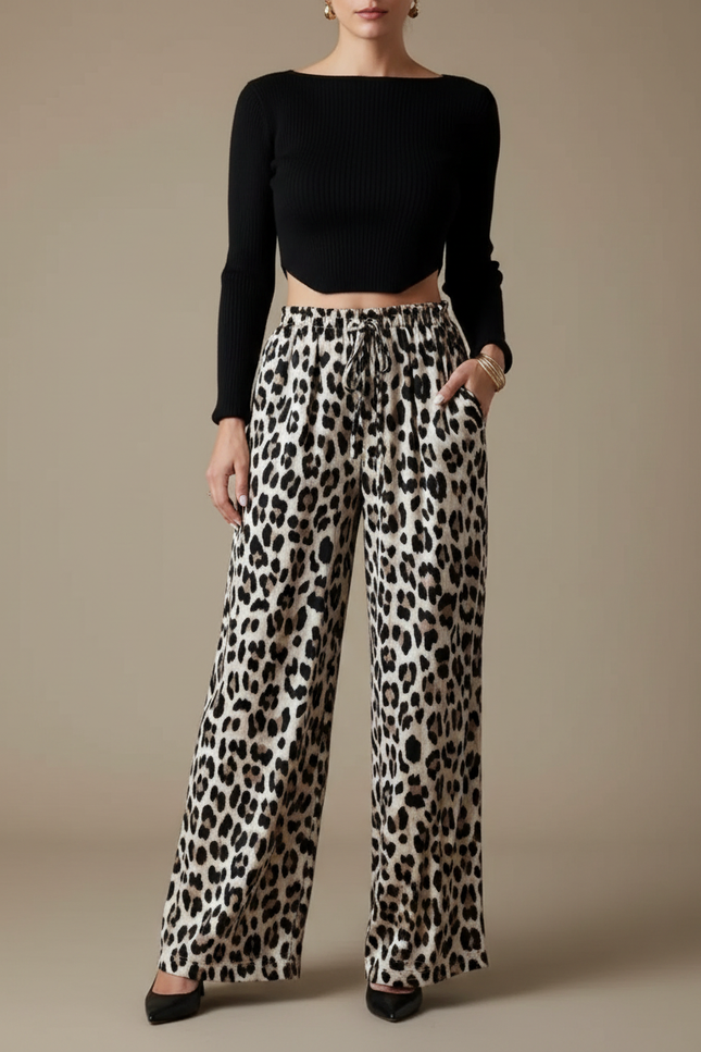 Pantalon Léopard Fluide Imprimé Animal Taille Haute Femme - Viscose