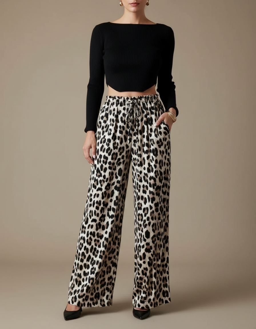 Pantalon Léopard Fluide Imprimé Animal Taille Haute Femme - Viscose