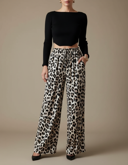 Pantalon Léopard Fluide Imprimé Animal Taille Haute Femme - Viscose