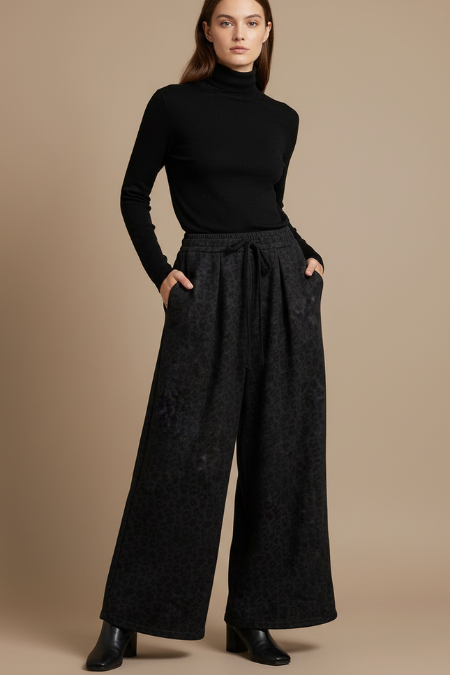 Pantalon Léopard Noir Ample Taille Haute Fluide - Molleton