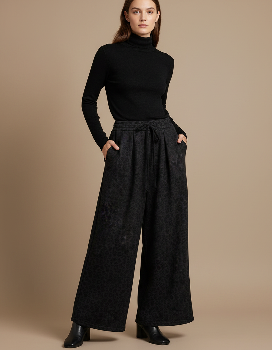 Pantalon Léopard Noir Ample Taille Haute Fluide - Molleton