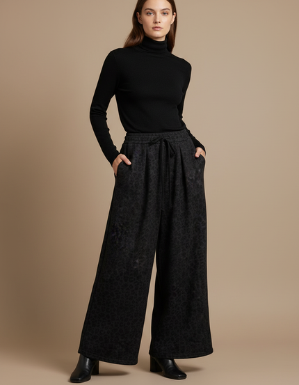 Pantalon Léopard Noir Ample Taille Haute Fluide - Molleton