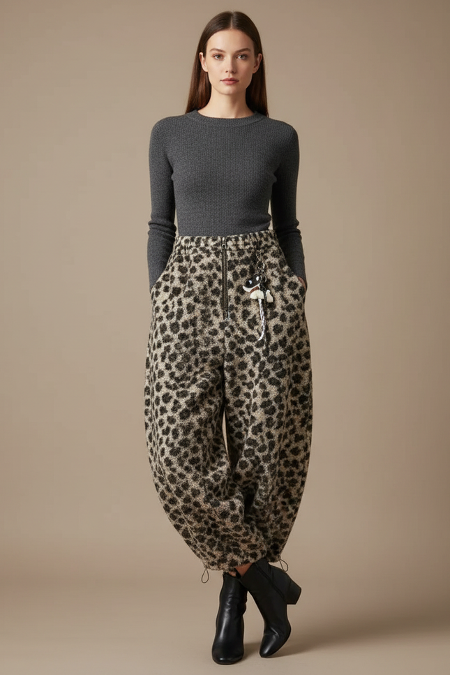 Pantalon Léopard Ample Épais Hiver Confortable - Imprimé Maille