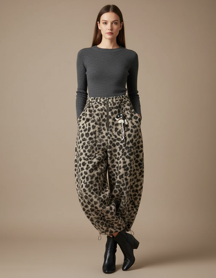 Pantalon Léopard Ample Épais Hiver Confortable - Imprimé Maille