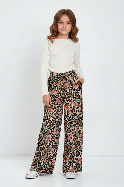 Pantalon Léopard Ample Imprimé Floral Taille Haute Fluide - Viscose