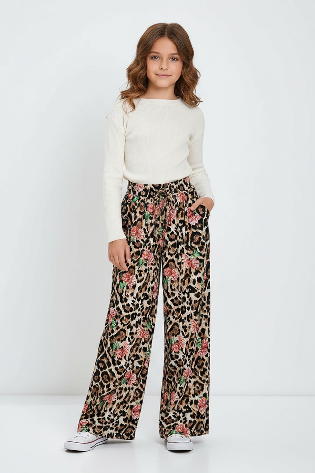 Pantalon Léopard Ample Imprimé Floral Taille Haute Fluide - Viscose