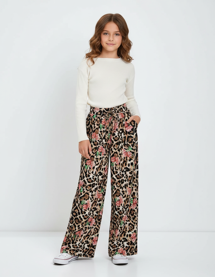 Pantalon Léopard Ample Imprimé Floral Taille Haute Fluide - Viscose