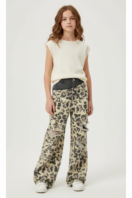 Pantalon Léopard Ample Délavé Imprimé Déchiré Denim - Jean
