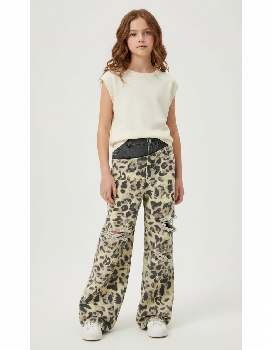 Pantalon Léopard Ample Délavé Imprimé Déchiré Denim - Jean