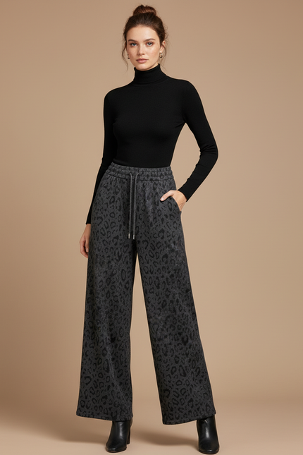 Pantalon Léopard Gris Ample Molletonné Confortable Femme