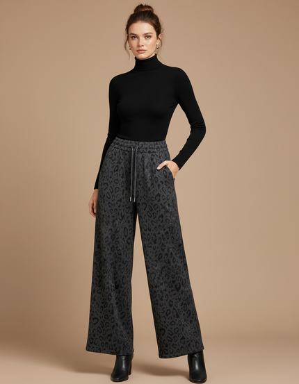 Pantalon Léopard Gris Ample Molletonné Confortable Femme