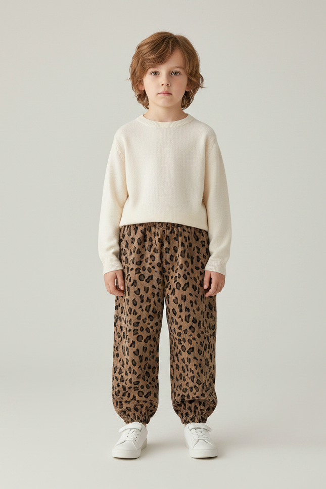 Pantalon Léopard Marron Côtelé Ample Enfant - Imprimé Cordé