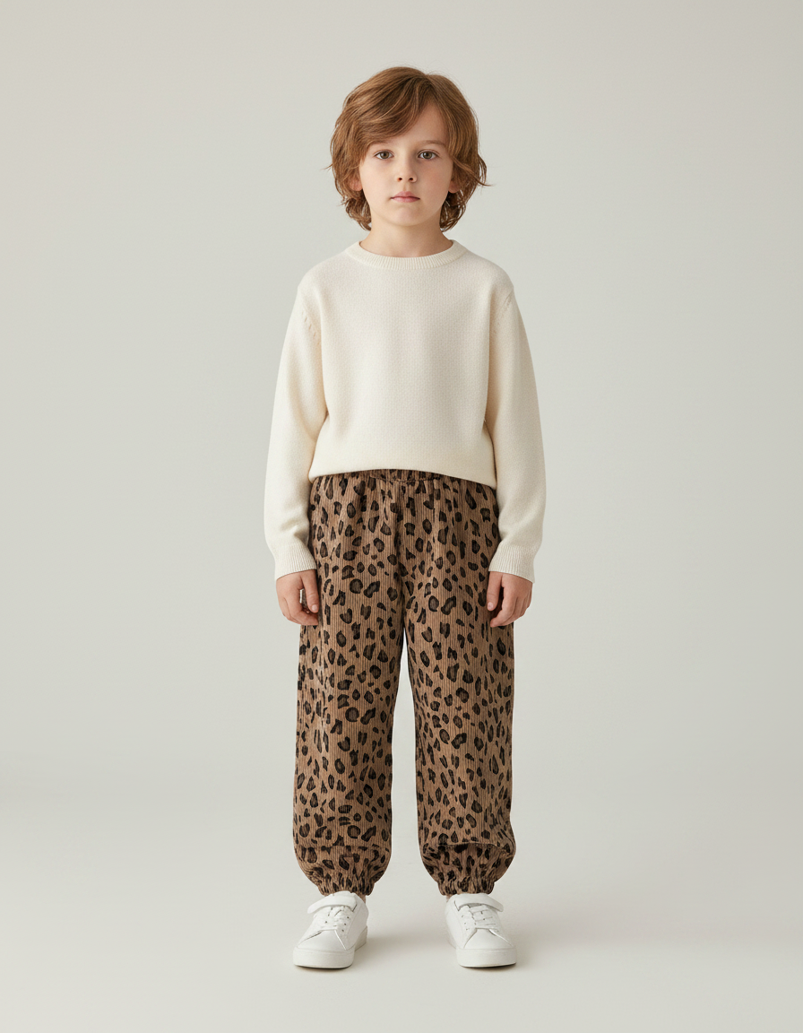 Pantalon Léopard Marron Côtelé Ample Enfant - Imprimé Cordé