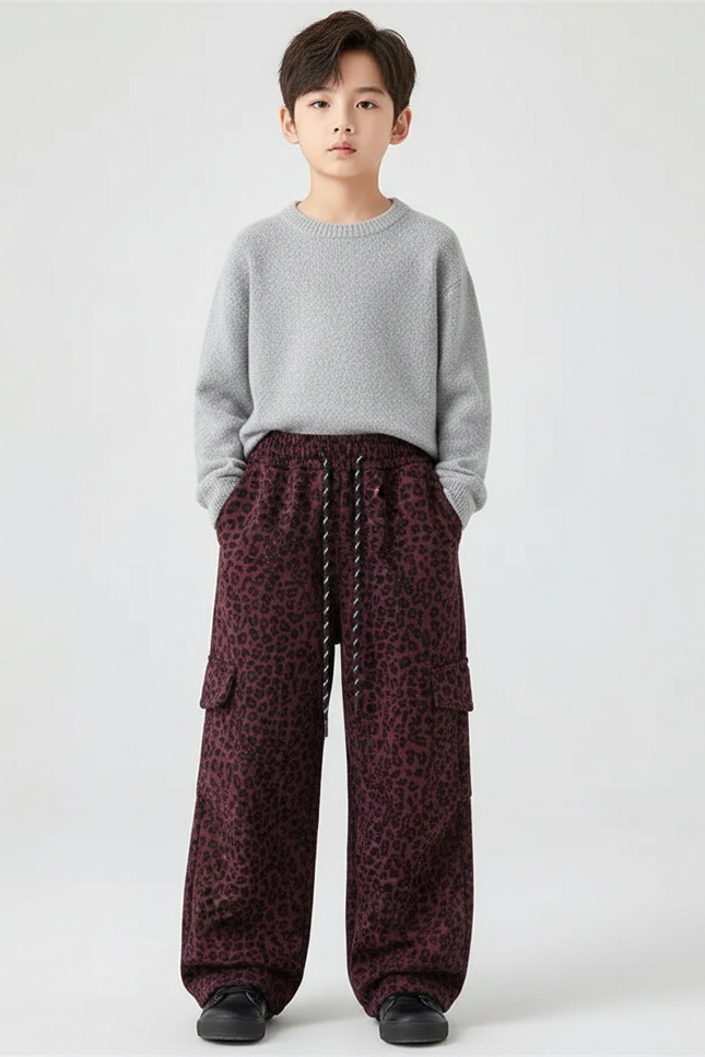 Pantalon Léopard Cargo Ample Bordeaux Enfant - Molleton